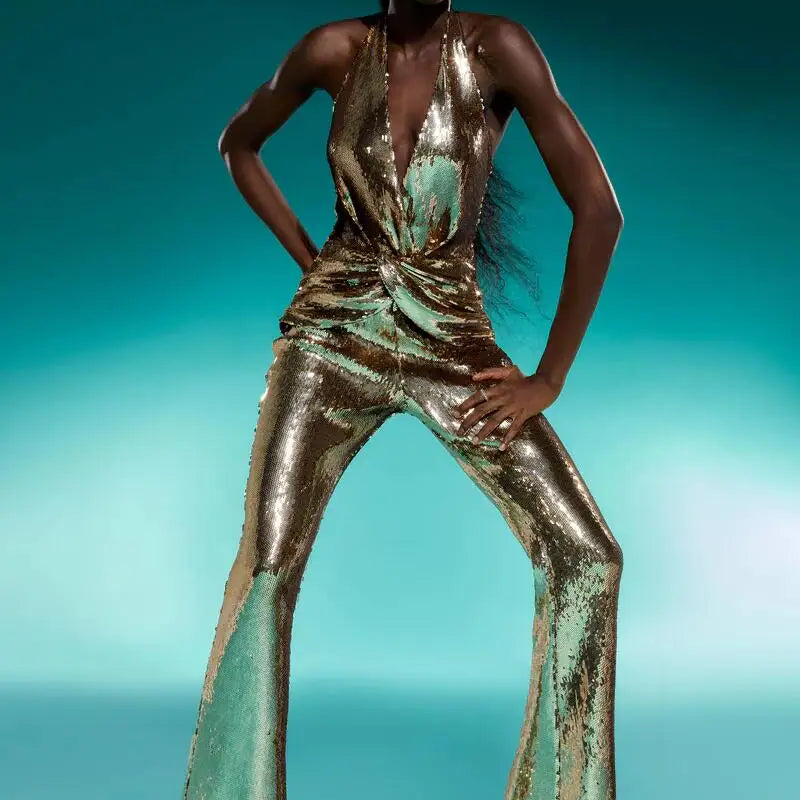 Golden Sequins Stylish Flare Pants Halter Blackless Jumpsuit Woman Fashion Party Outfit Stage Performance Costume