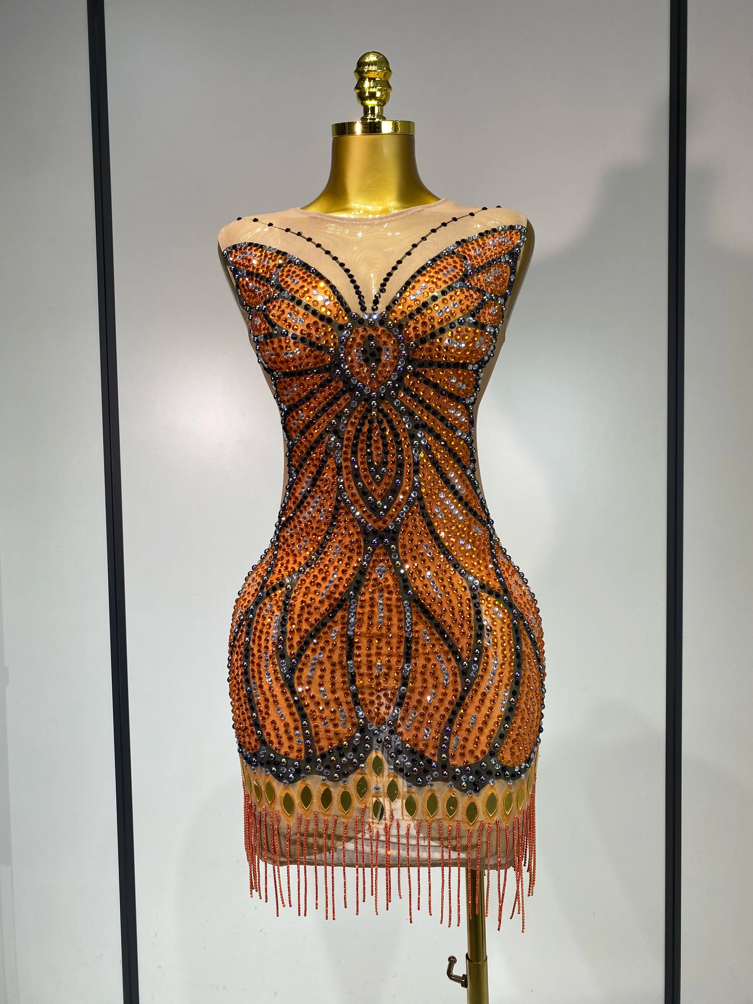 Luxury Rhinestones Mesh Long Dress 2025 Elegant Sexy Sleeveless Birthday Evening Party Gown Performance Singer Stage Outfit Orange