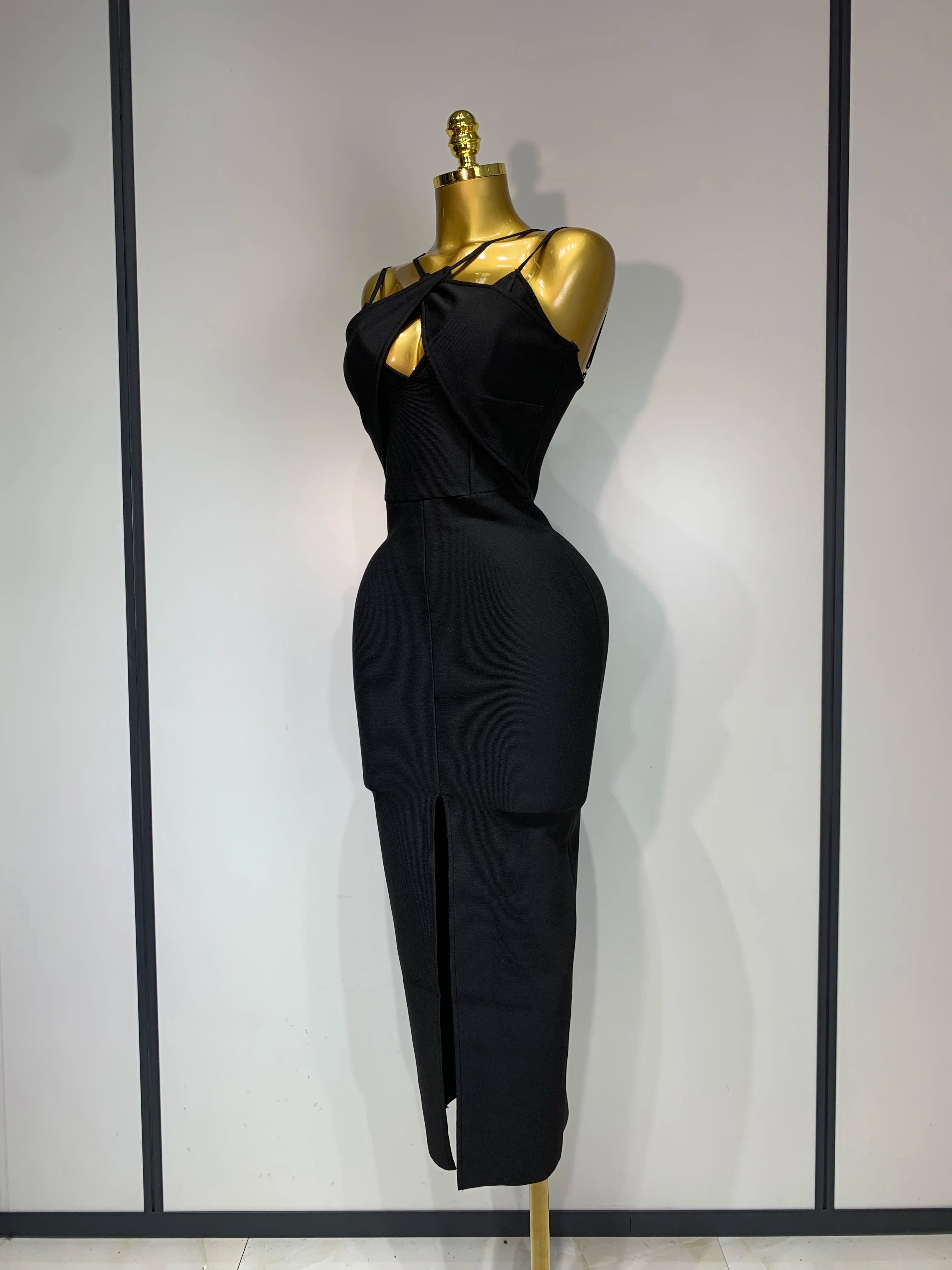 Women Sexy Sleeveless Hollow out Split Backless Black Midi Bandage Dress 2025 Celebrity Elegant Evening Cocktail Party Dresses