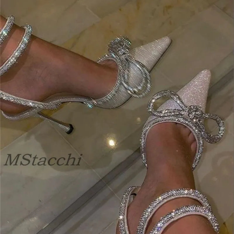 Glitter Rhinestones Women Pumps Crystal Bowknot Satin Sandals 2025 Summer Transparent Shoes High Heels Party Prom Designer Shoes Silver sequins