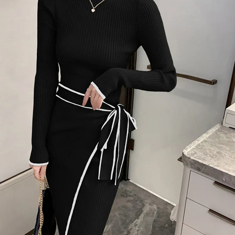 Women Knitted Dress New Autumn Winter Slim Lace-Up Long Sleeve Bottoming Sweater Skirt Elegant Fashion Office Female Vestidos