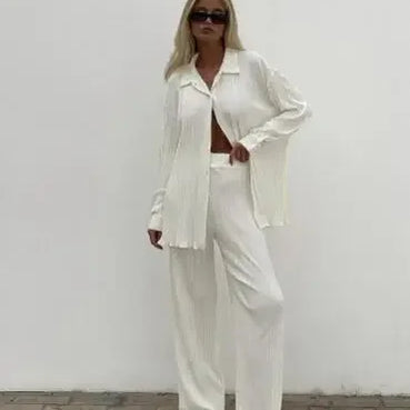 Pleated Solid Women Set Long Sleeve Shirts and Straight Wide Leg Pants Suits Tracksuit Two Piece Set Fitness Outfits WHITE
