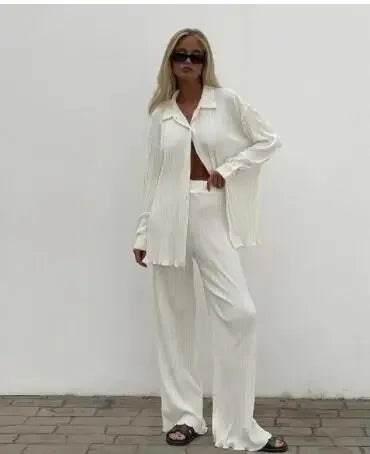 Pleated Solid Women Set Long Sleeve Shirts and Straight Wide Leg Pants Suits Tracksuit Two Piece Set Fitness Outfits WHITE
