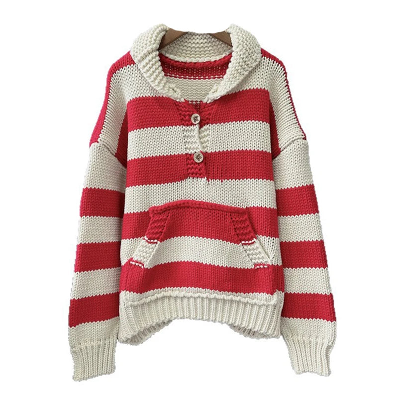 Autumn Winter New Lazy Style Striped Contrast Color Thick Knit Pullover Sweater For Women Loose Versatile Top 11A07789