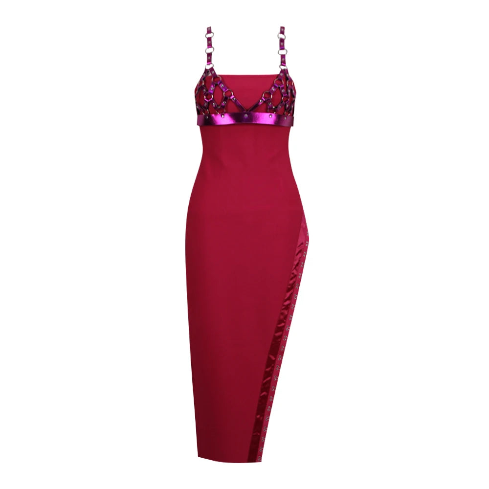 2023 Summer Long Dress Women Sexy High Split Design Evening Party Black Bandage Dress Fashion Stage Show Wear Dark red