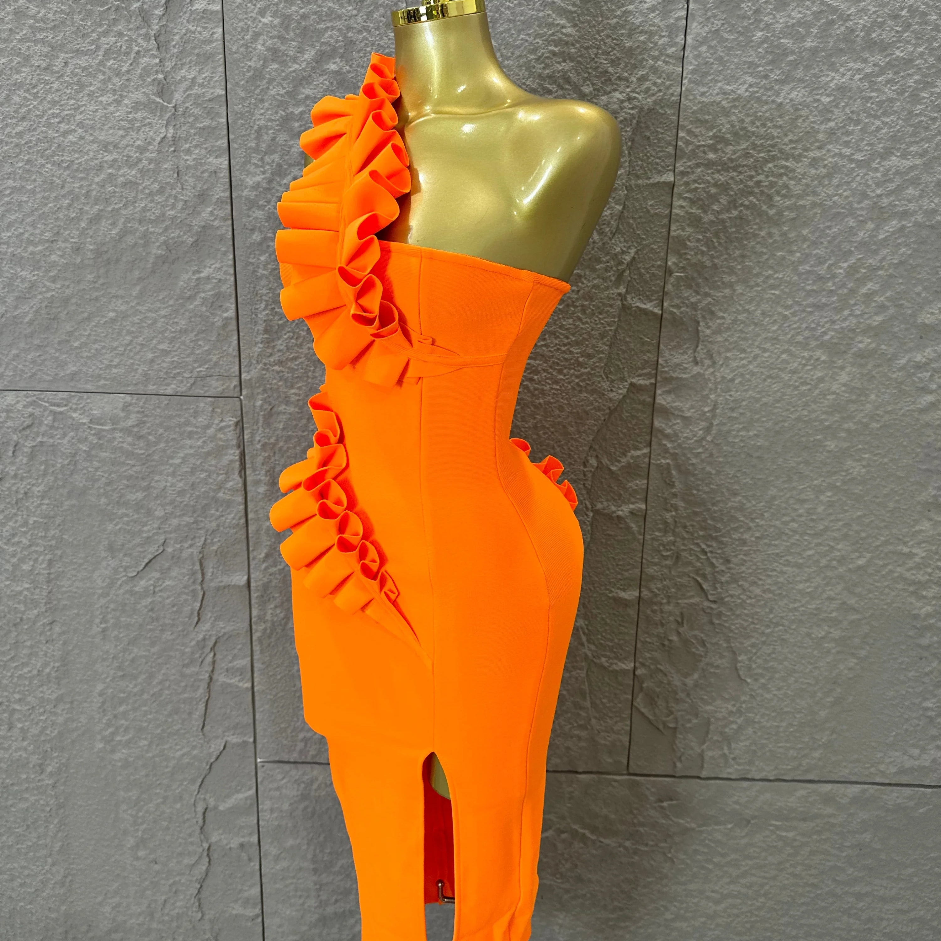 Sexy One-Shoulder Bodycon Midi Dress Women Sexy Ruffle Embellished Waist Cutout High Slit Outfit Evening Gala Party Costume
