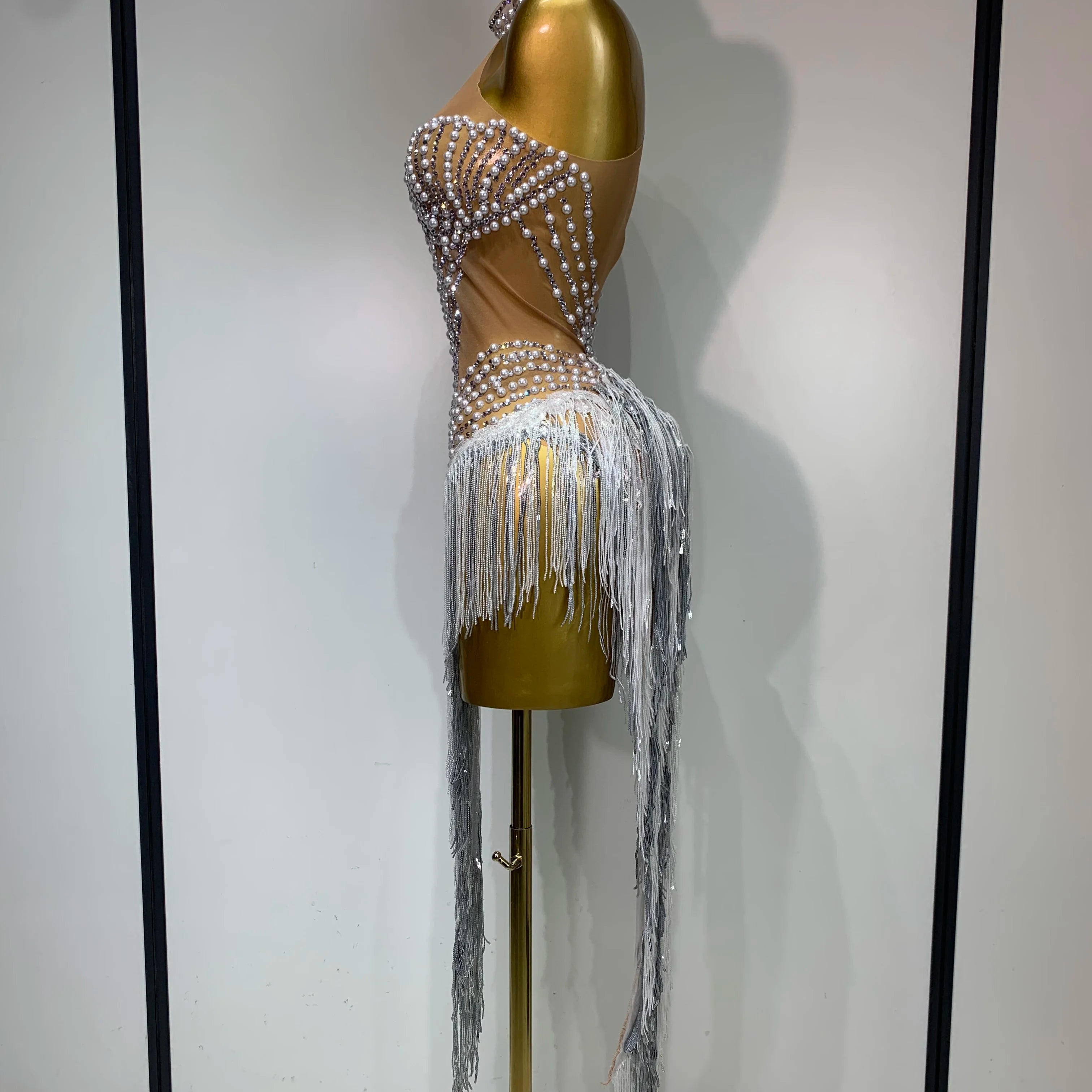 Women Sparkly Rhinestones Pearls Tassel Sexy Mesh See Through Dress Latin Dance Outfits Bar Nightclub Party Stage Costume