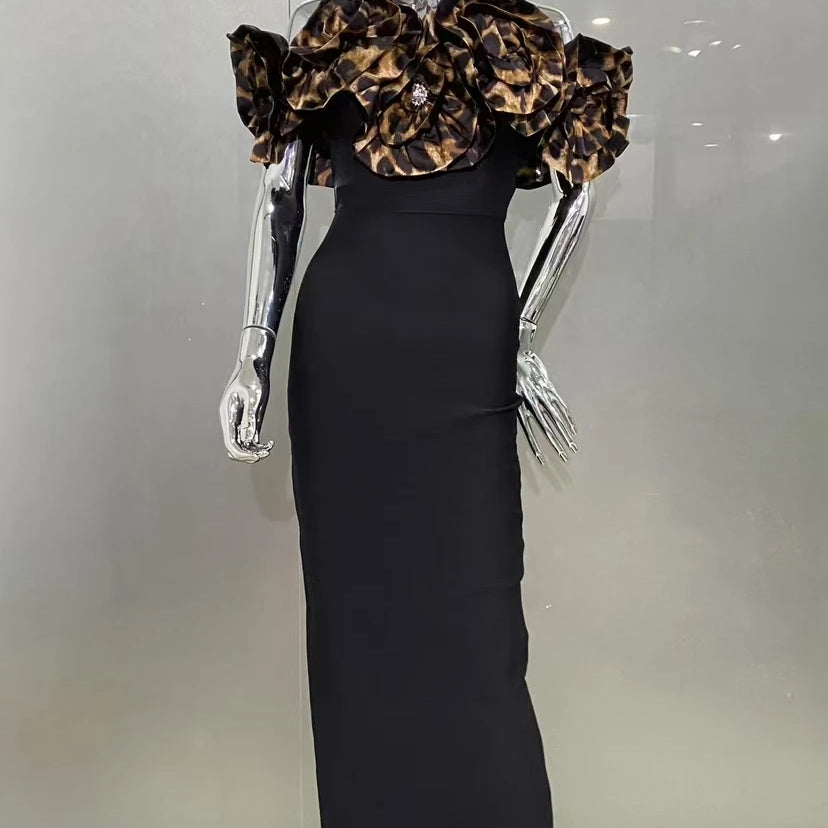 5 Colors Women Sexy Strapless Big Florals Bodycon Bandage Long Dress Elegant Evening Party Birthday Celebrate Outfit Vestido Champagne