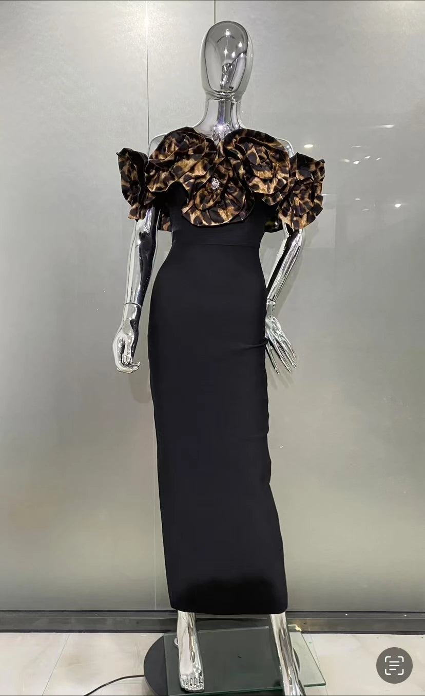 5 Colors Women Sexy Strapless Big Florals Bodycon Bandage Long Dress Elegant Evening Party Birthday Celebrate Outfit Vestido Champagne