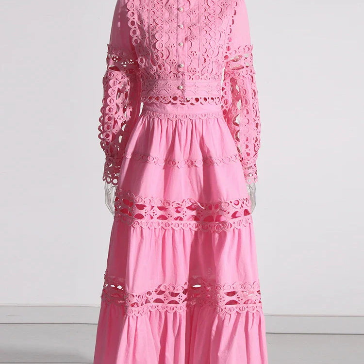 Elegant Two Piece Sets For Women Stand Collar Lantern Sleeve Tops High Waist Skirt Hollow Out Set Female Clothing PINK