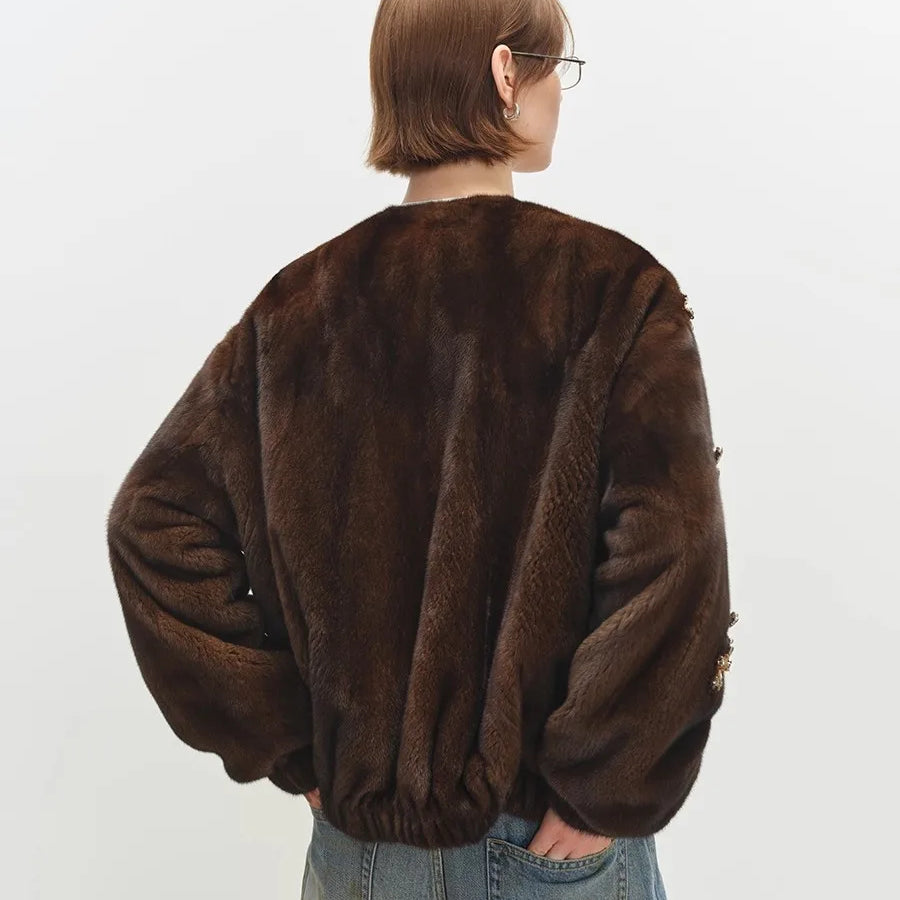 Lautaro Winter Luxury Elegant Thick Warm Soft Brown Short Faux Mink Fur Coat Women Beading Loose Stylish Chic Fluffy Jacket