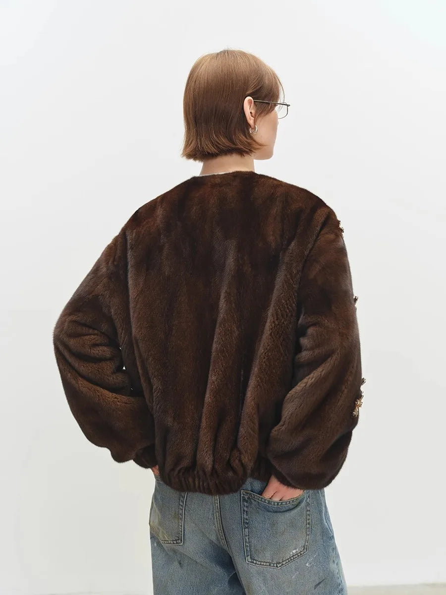 Lautaro Winter Luxury Elegant Thick Warm Soft Brown Short Faux Mink Fur Coat Women Beading Loose Stylish Chic Fluffy Jacket