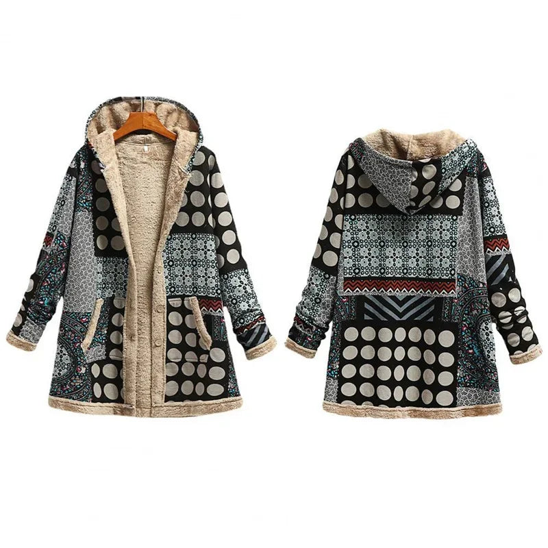 Print Casual Women Coat Vintage Hooded Overcoat Female Fashion Warm Long Sleeve Coats Ladies Plush Jacket Autumn Winter