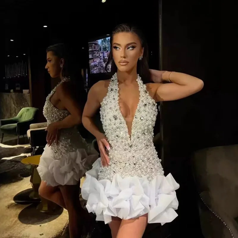 2025 Luxury Diamond Beading Sexy V-Neck Halter Sleeveless White Mini Dress Woman Wedding Party Vestido Birthday Party Outfit WHITE