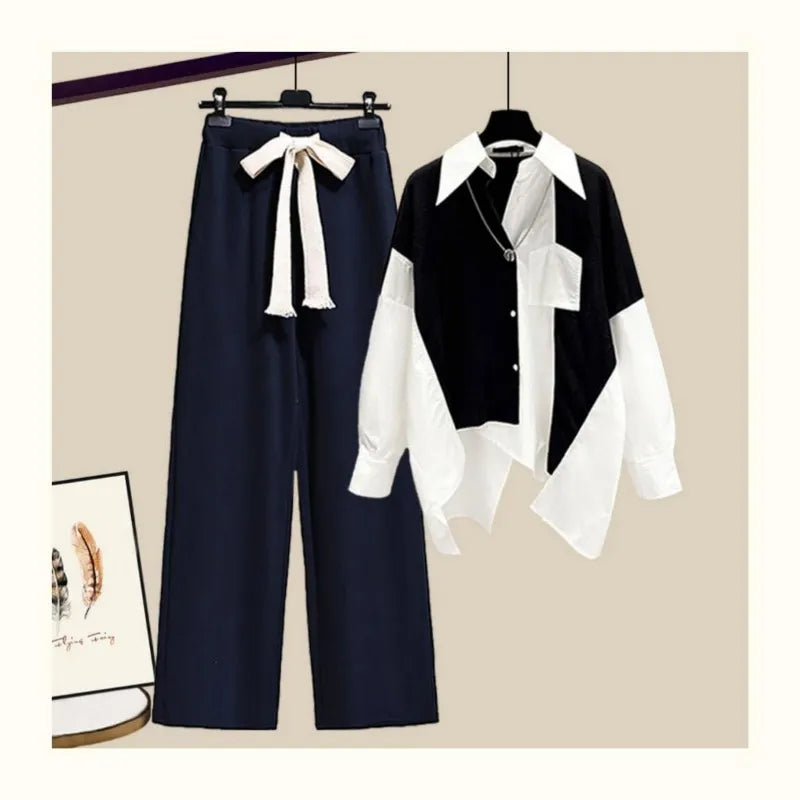 Two Piece Set for Women Shirt + Wide Leg Pant Sets Long Sleeve Korean Outfit Button Tracksuit 2024 Patchwork Fashion Autumn Suit
