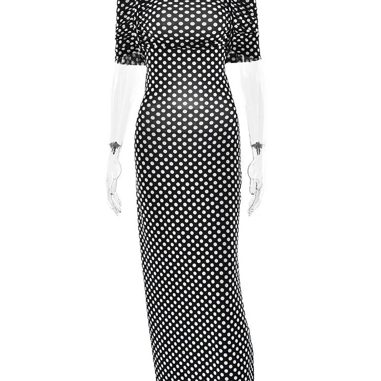 Mozision Off-shoulder Polka Dot Maxi Dress For Women Gown Fashion Halter Sleeveless Backless bodycon Split Long Dress Elegant