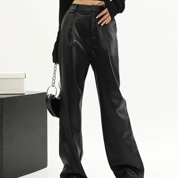 Straight Leather Pants Women High Waist PU Leather Trousers Baggy Black Female Streetwear Clothing New Fashion Ladies