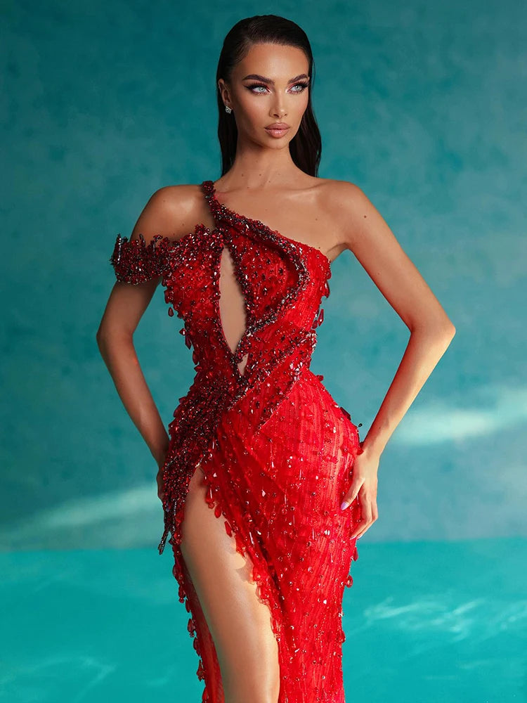 Red Diamonds Mermaid Dress Beaded Diagonal One-shoulder High Split Crystals Details Maxi Banquet Evening Party Gown