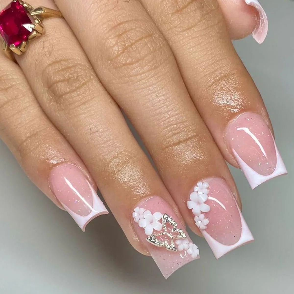 24pcs/set Medium fake nails for women girls 3D embossed flowers butterfly shell designs Summer almond tips press on false nail 2667