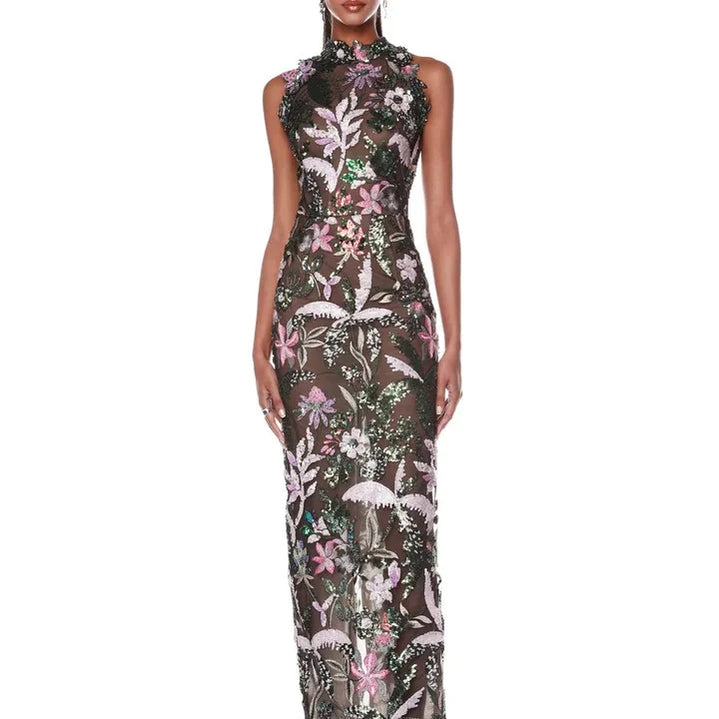 2024 Sequin Flowers Embroidery O-Neck Sleeveless Sheath Ankle Length Dress Gracful Woman Evening Dress Celebrity Party Outfit As picture