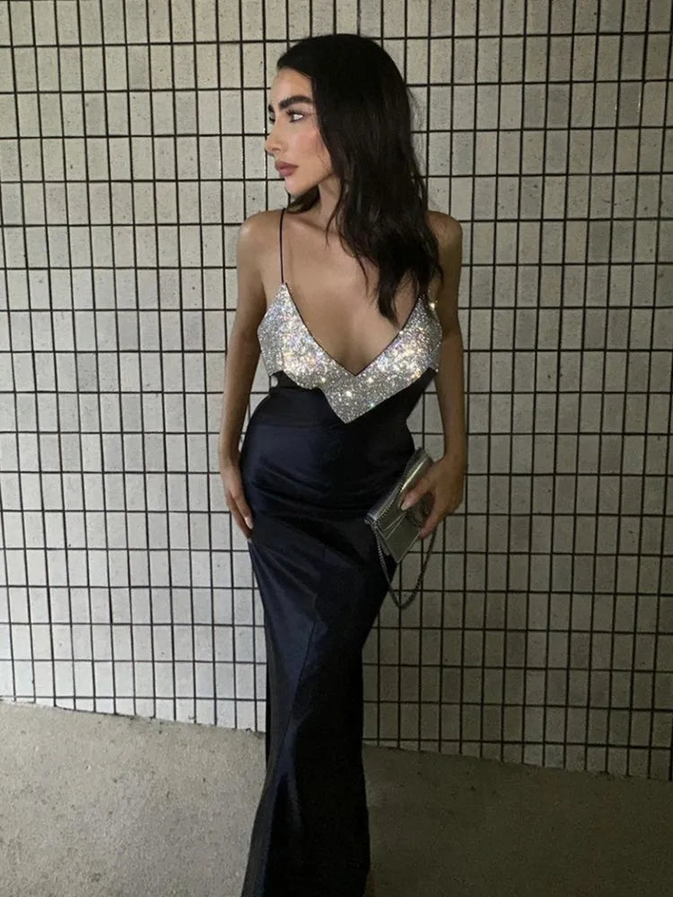 Women Summer Sexy V Neck Backless Crystal Black Diamonds Maxi Long Bandage Dress 2023 Knitted Elegant Evening Club Party Dress