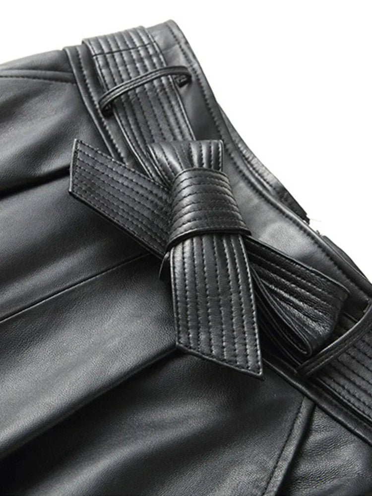 Spring Black Long Luxury Clothes for Women with Sashes High Waist A Line Midi Pu Leather Skirt Runway High Fashion 2023