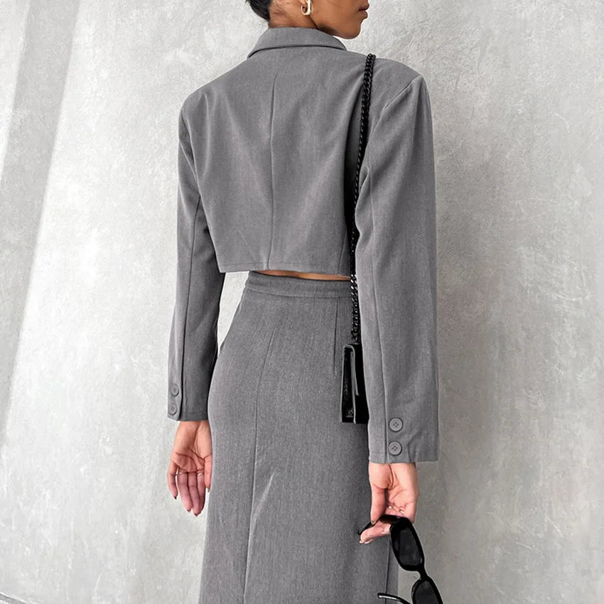 Women's Suit Notched Collar Long Sleeve Crop Blazer High Waist Split Ankle-length Skirts Set Female Autumn