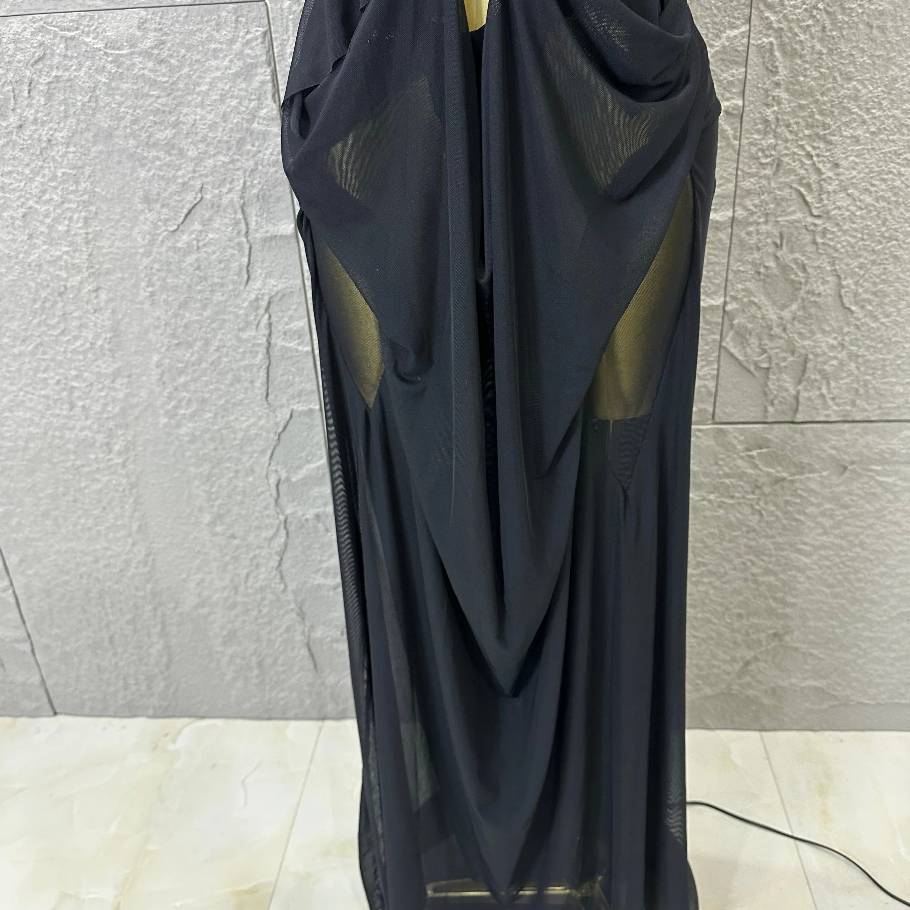 Sexy Halter Neck Maxi Dress Crystal Chain Cutout Ruched Women Sheer Mesh Form Outfit Glamorous Evening Gala Party Costume