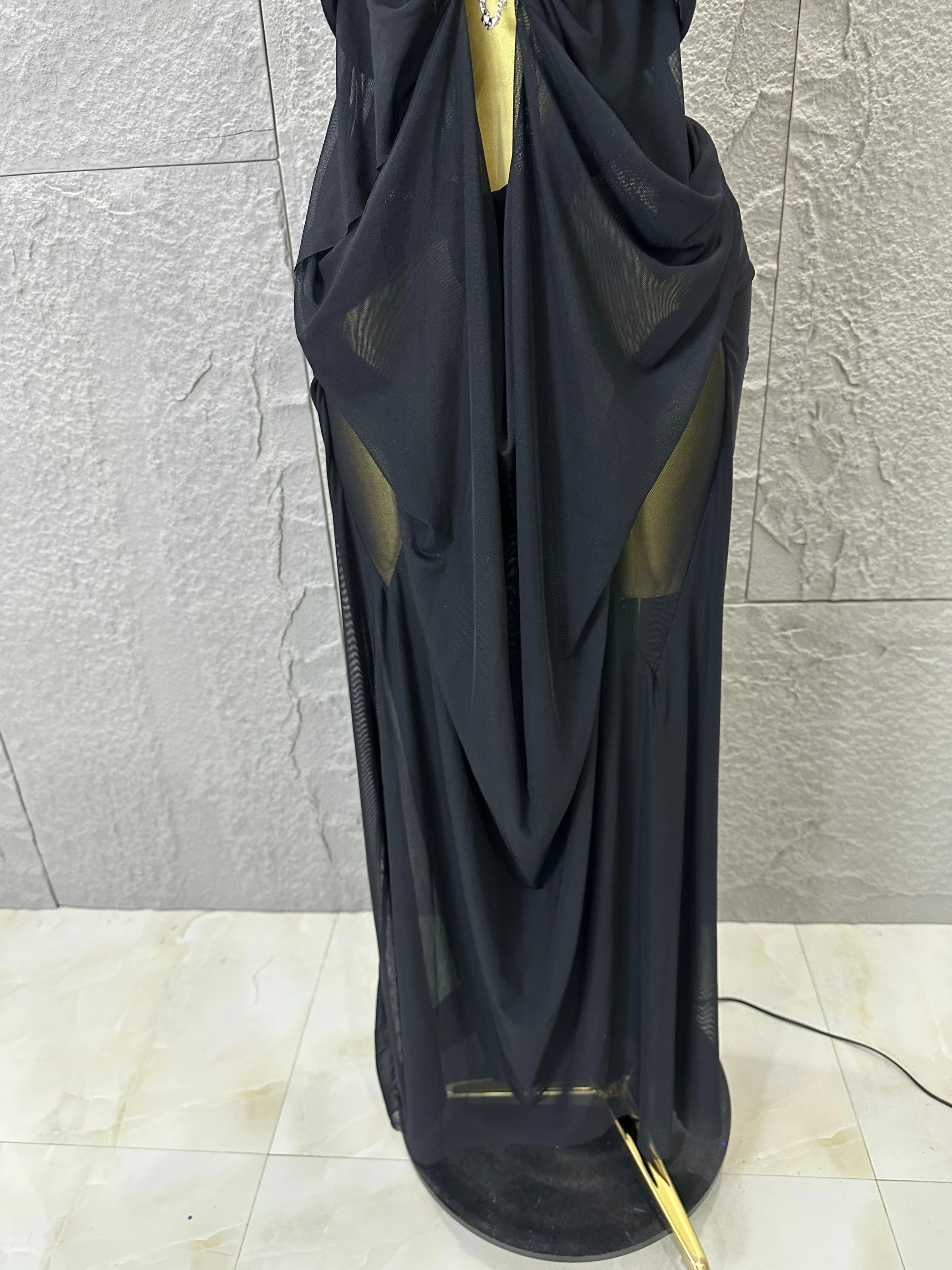 Sexy Halter Neck Maxi Dress Crystal Chain Cutout Ruched Women Sheer Mesh Form Outfit Glamorous Evening Gala Party Costume