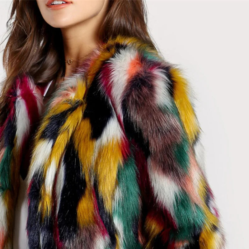 Colorful Fur Jacket Fake Fur Long Sleeve Collarless Casual Women's Winter Coat OL Commute Style Artificial Fur Outerwear