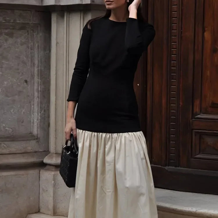 Elegant Round Collar Long Sleeve Slim Robe Women Contrast Spliced Pleated Hem Long Dress New Lady Fashion Evening Party Dresses