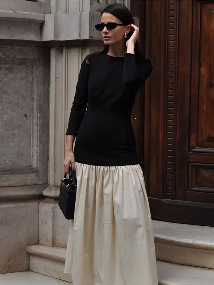 Elegant Round Collar Long Sleeve Slim Robe Women Contrast Spliced Pleated Hem Long Dress New Lady Fashion Evening Party Dresses