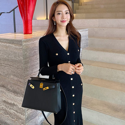 Robe Maxi coréenne Vintage pour femmes, tenue de soirée à manches longues, col en v, style sirène, élégante, mode dames, automne 2023 