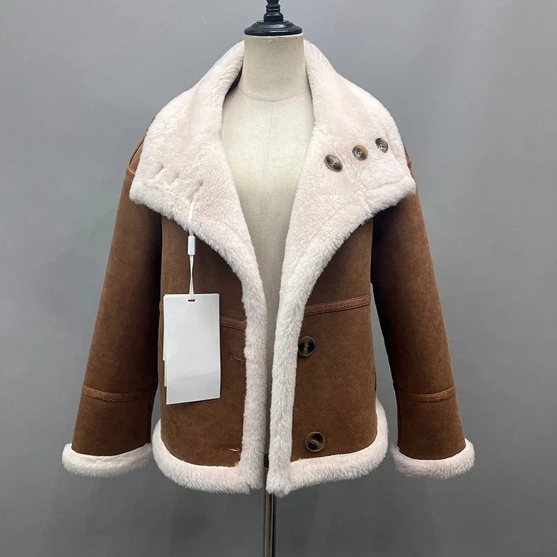 Lady Fashion Wool Jackets Women Fashion Real Wool Lamb Fur Coat Winter Jacket LSBH69 Camel