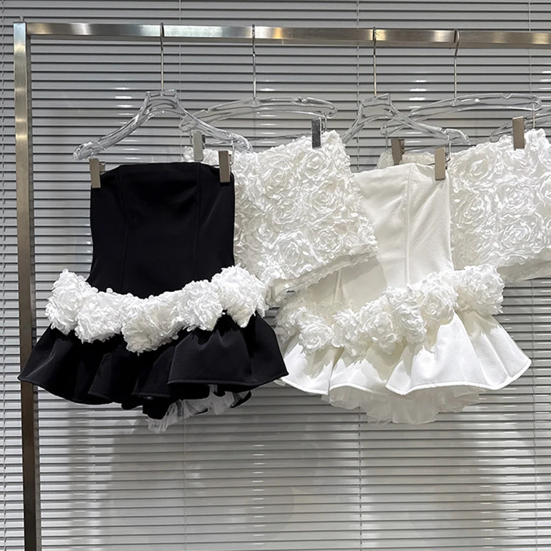 Winter New Sweet Fashion Ruched Floral Fishbone Strapless Dress With Solid Color Shorts Set For Women 11A07946