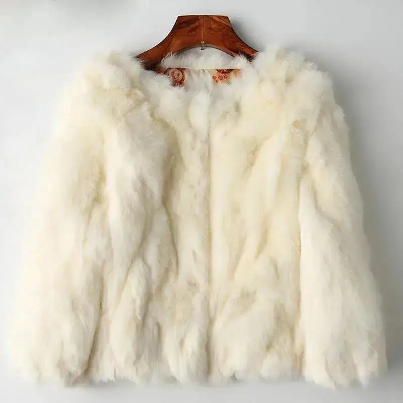 2025 New Women's Real Rabbit Fur Coat High-waist Round Collar Cardigan Long-sleeved Slim Fit Rabbit Jacket Women Fashion Coat