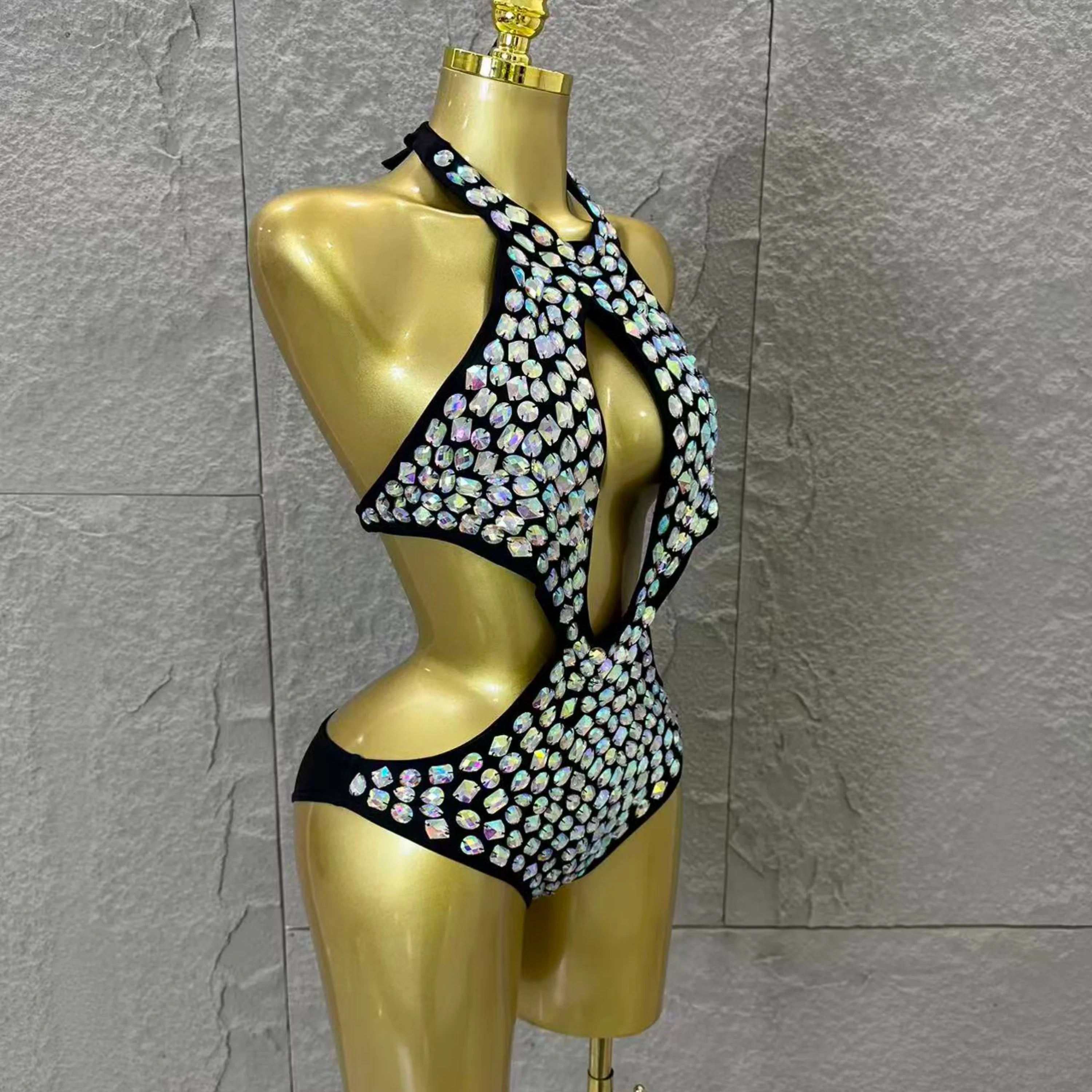 Gold Luxurious Black Bodysuit Women Sexy Halter Neck Iridescent Crystal Embellished Cutout Outfit Stage Performance Costume