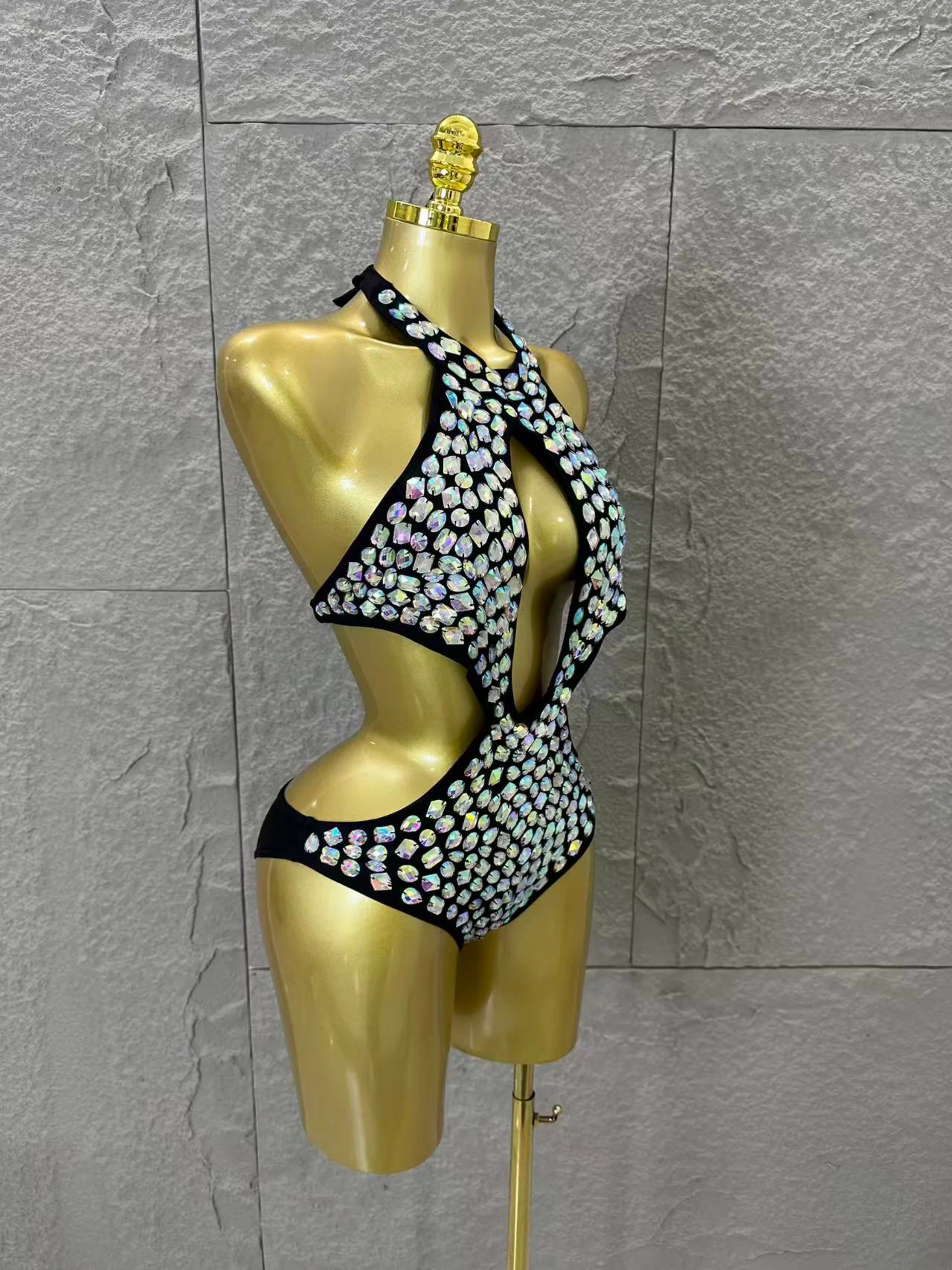 Women Sexy Halter Neck Iridescent Crystal Embellished Cutout Outfit Stage Performance Costume 2026 Luxurious Black Bodysuit
