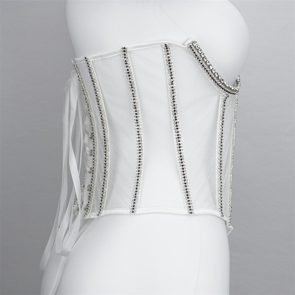 Sexy Slim Backless Corset Luxury Rhinestone Crystal Diamond Women's Vest Transparent Lace Push Up Girdle