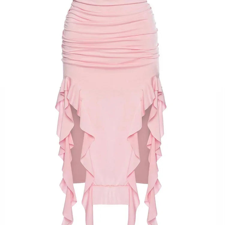 Tossy Tassel Summer Female Long Skirt Ruffled High Waist Broken High Split Fashion Pleated Sexy Solid Patchwork Maxi Skirt 2023 Pink