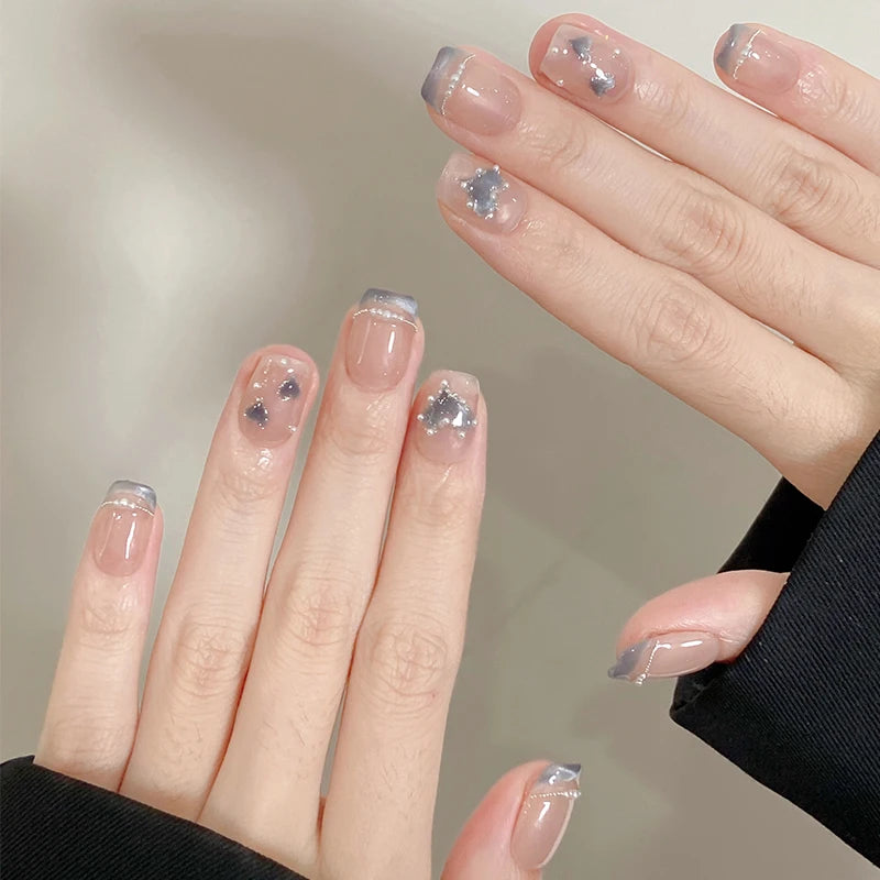 10Pcs French Handmade Press on Nails Cute Color Stars Diamond Fashion Nail Sweet Short Ballet Wearable Acrylic Nails Art Summer