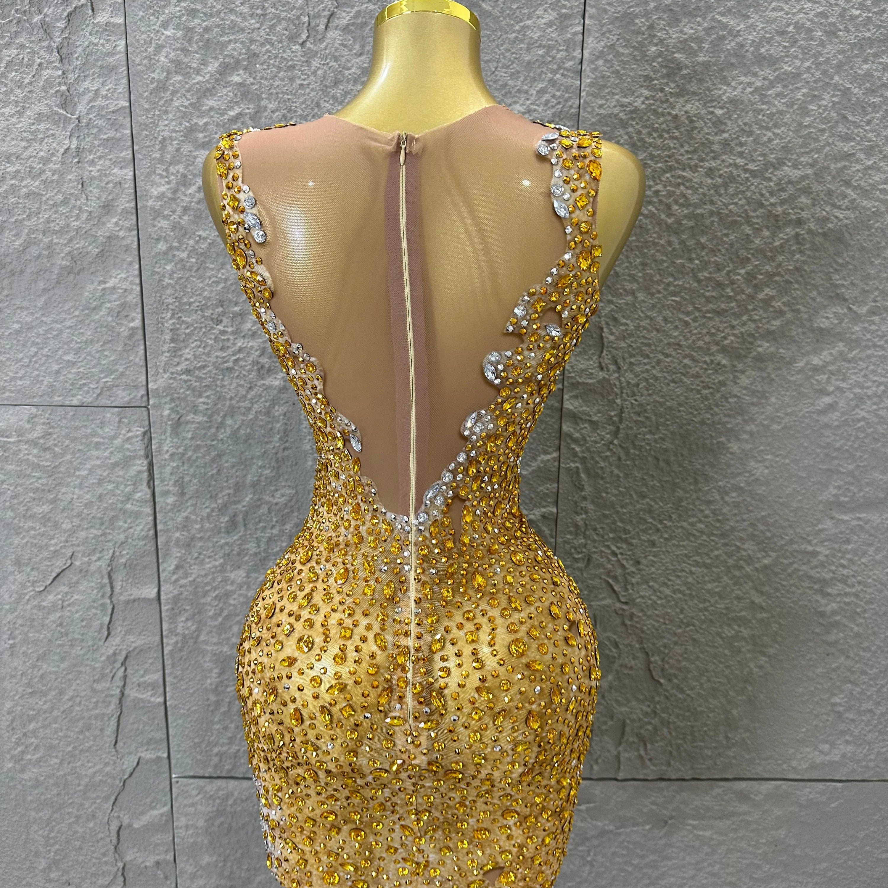 2026 New Sexy Fashion Gold Sparkly Dance Show Stage Costume Women Birthday Party Rhinestones Tassels Transparent Short Dress