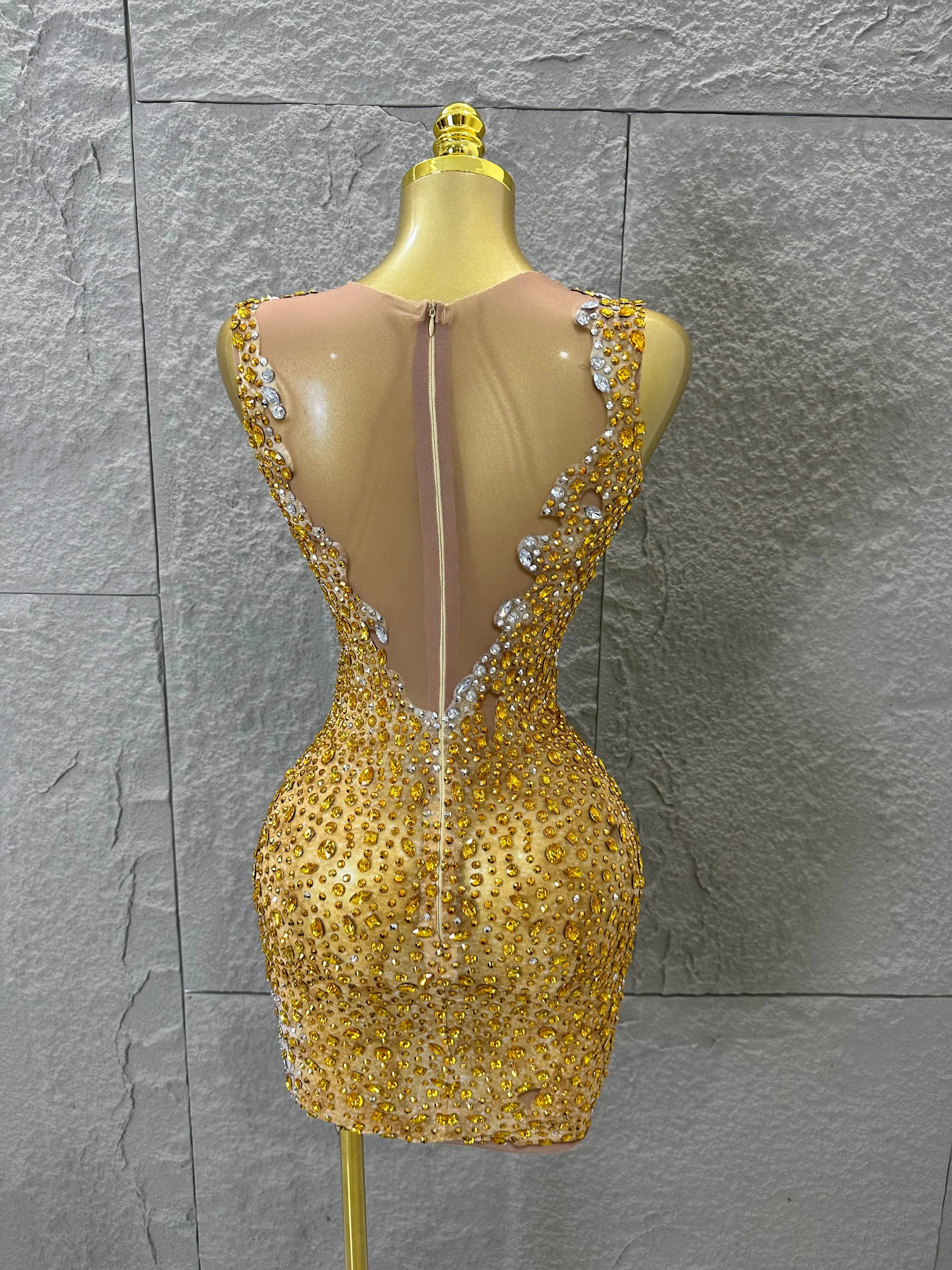 2026 New Sexy Fashion Gold Sparkly Dance Show Stage Costume Women Birthday Party Rhinestones Tassels Transparent Short Dress