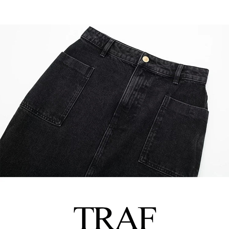 TRAF Fashion Midi Skirt Vintage Streetwear Skirts Women's High Waist Black Denim Skirt Woman Slit Jean Long Skirts For Women