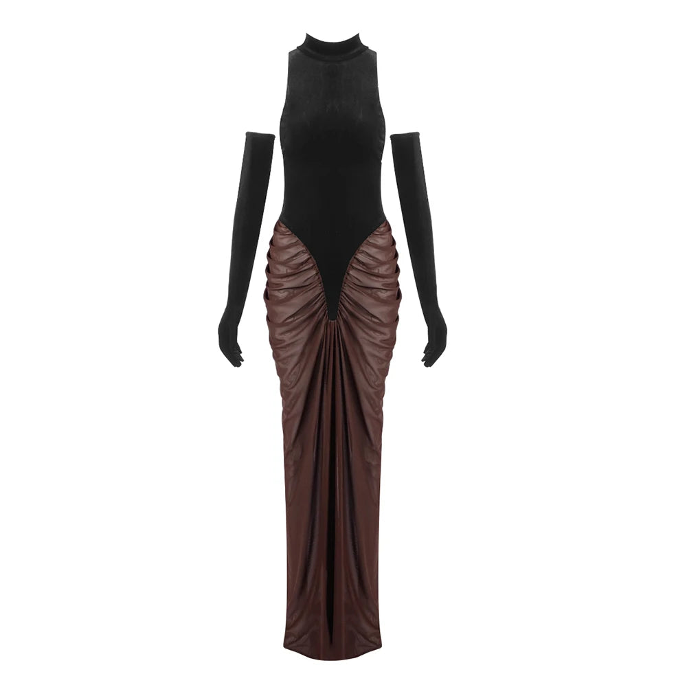 Glamorous Black and Brown Halter Gown with Velvet and Chiffon Combination for Luxury Galas Evening Gown AS PIC