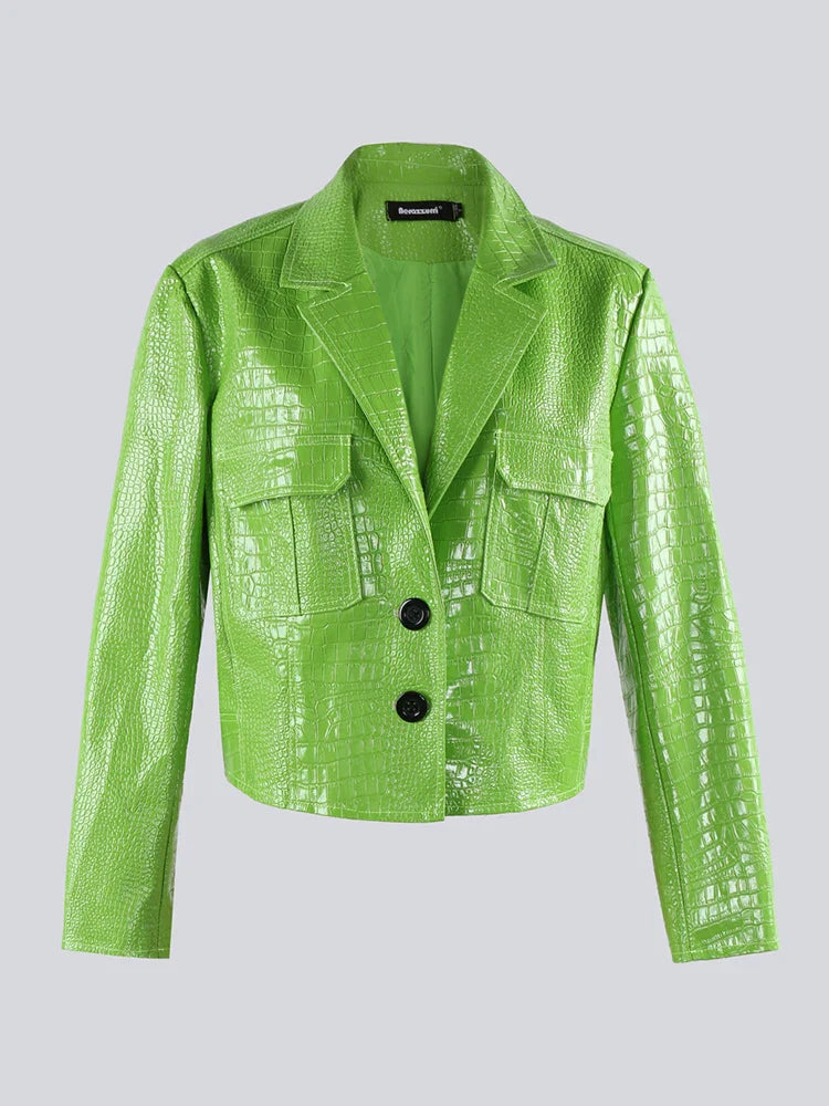 Spring Autumn Short Cool Stylish Shiny Reflective Crocodile Print Patent Pu Leather Jacket Women Runway Fashion 2023 green