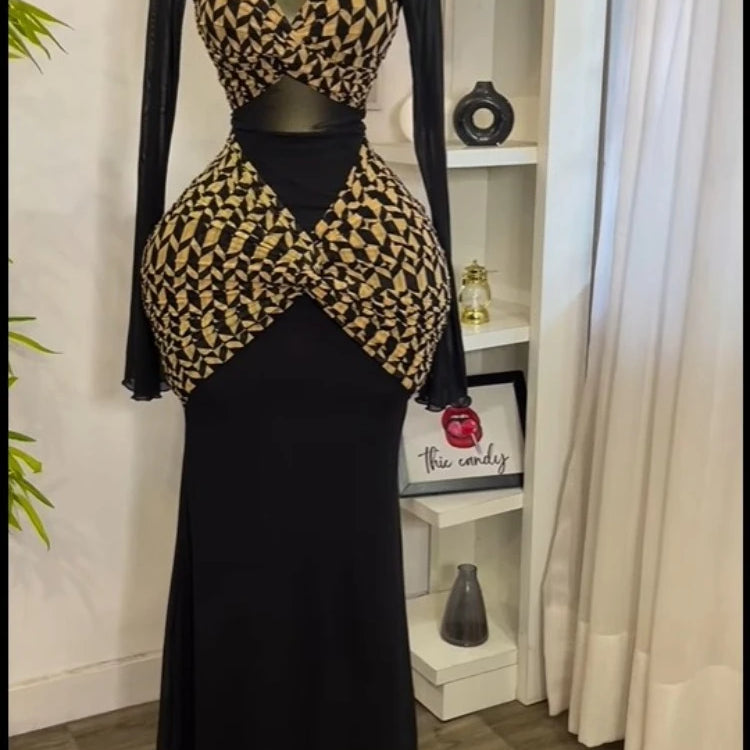 Women Houndstooth Printed Long Sleeve Draped Ruched Bodycon Midi Mini Dress 2025 Vacation Sexy Party Evening Dresses black