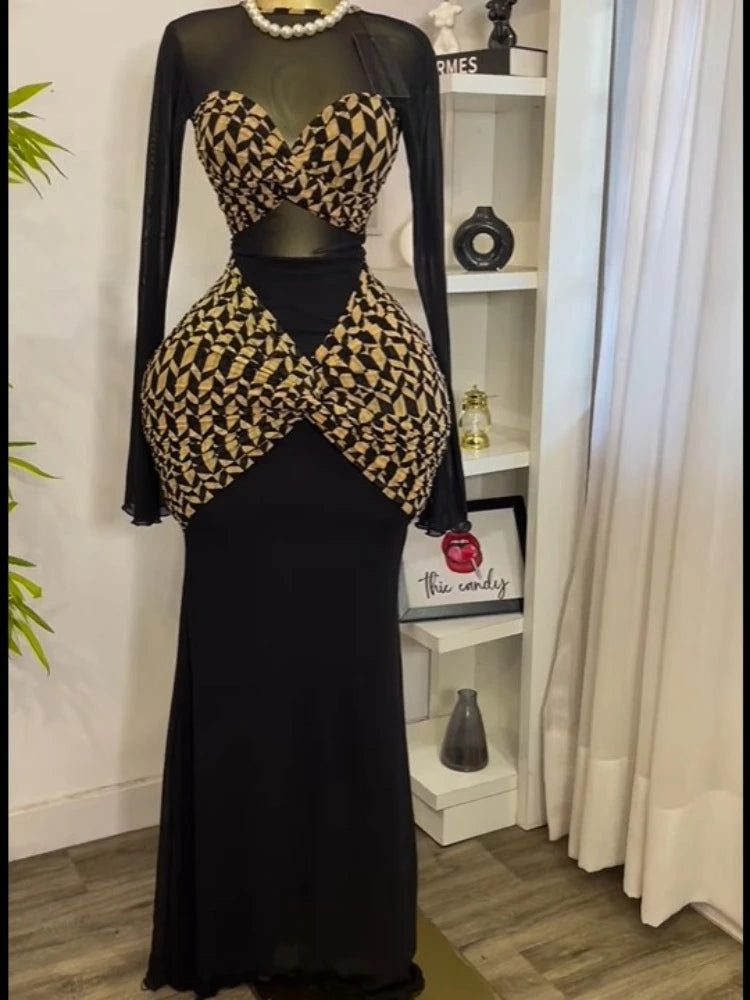 Women Houndstooth Printed Long Sleeve Draped Ruched Bodycon Midi Mini Dress 2025 Vacation Sexy Party Evening Dresses black