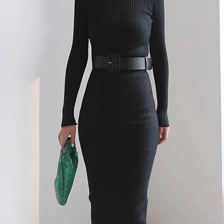 H Han Queen Knitted Turtleneck Sweater Bodycon Dress Bottoming Women Soft Elastic Autumn Winter Midi Party Dresses With Belt