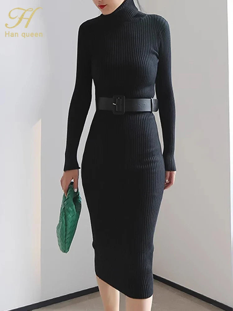 H Han Queen Knitted Turtleneck Sweater Bodycon Dress Bottoming Women Soft Elastic Autumn Winter Midi Party Dresses With Belt